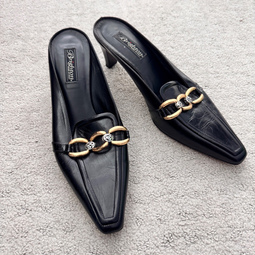 Brighton Black Leather Mules Pointed Toe Chain Block Heel Made in Italy Size 9.5